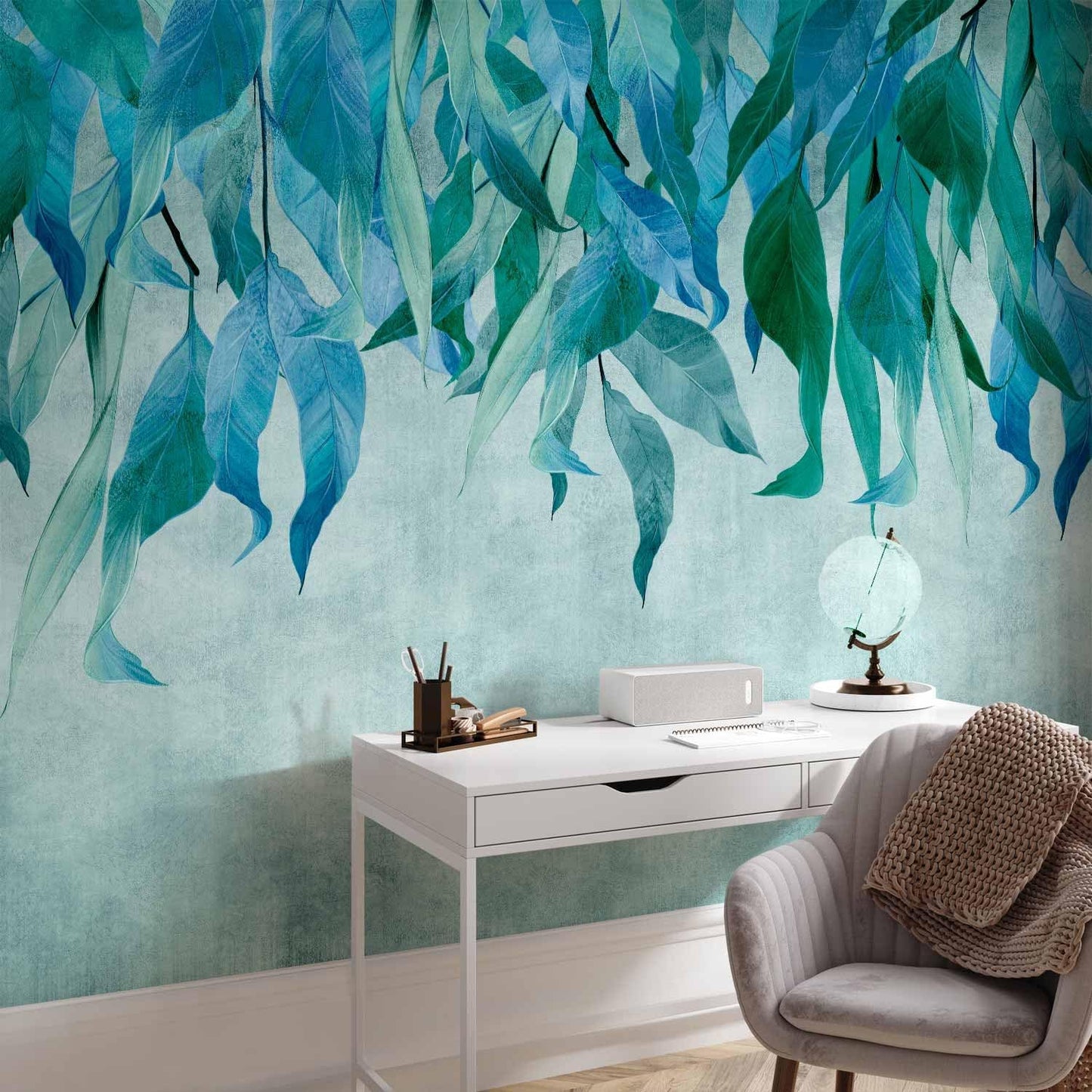 artgeist Wall Mural Hanging Leaves 138x101 in - Non-Woven Wallpaper Fleece Wall Decor Photo Print Picture Image Design Nature Botanical Concrete Green Blue b-C-10146-a-b