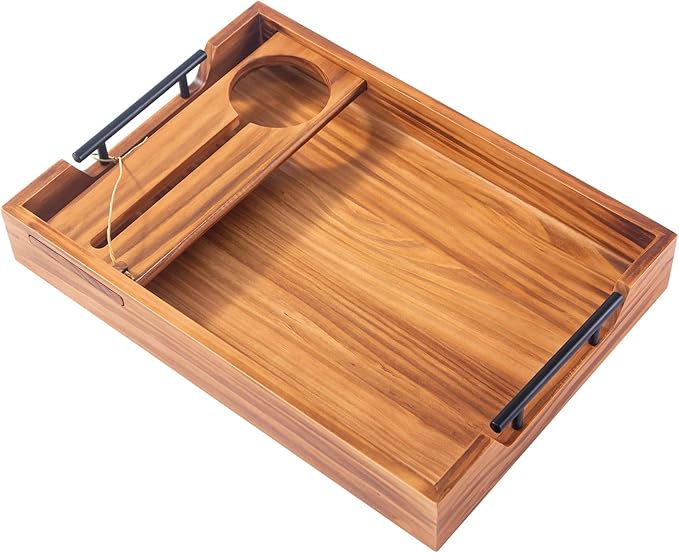 Wood Serving Tray with Handles, 17"x12" Rustic Wooden Trays with Removable Wine Glass Holder Decorative Ottoman Tray for Living Room, Coffee Table, Breakfast Food Trays in Bed