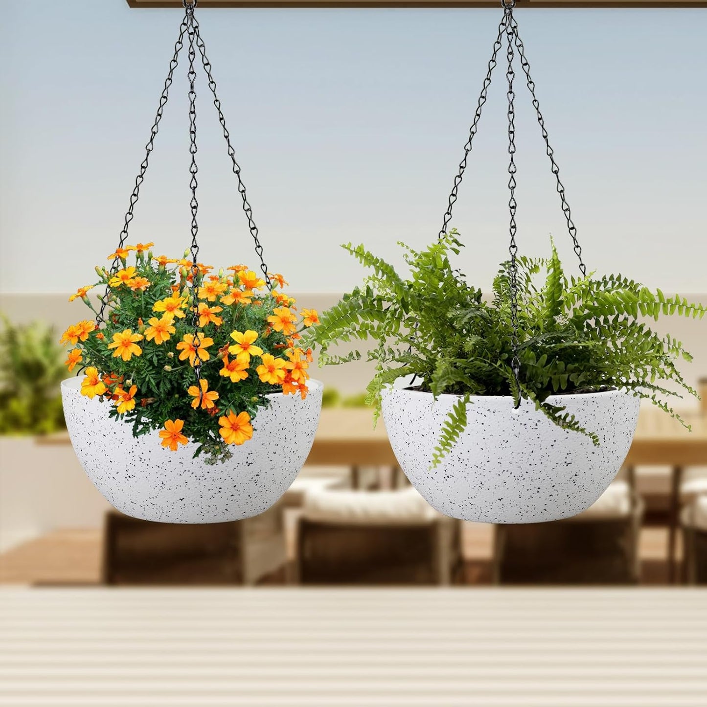 10 inch Hanging Planters for Indoor Outdoor Plants, 2 Pack Hanging Flower Pots with Drainage Holes and Chain for Garden Porch, Plastic Hanging Baskets for House Plants, Speckled White