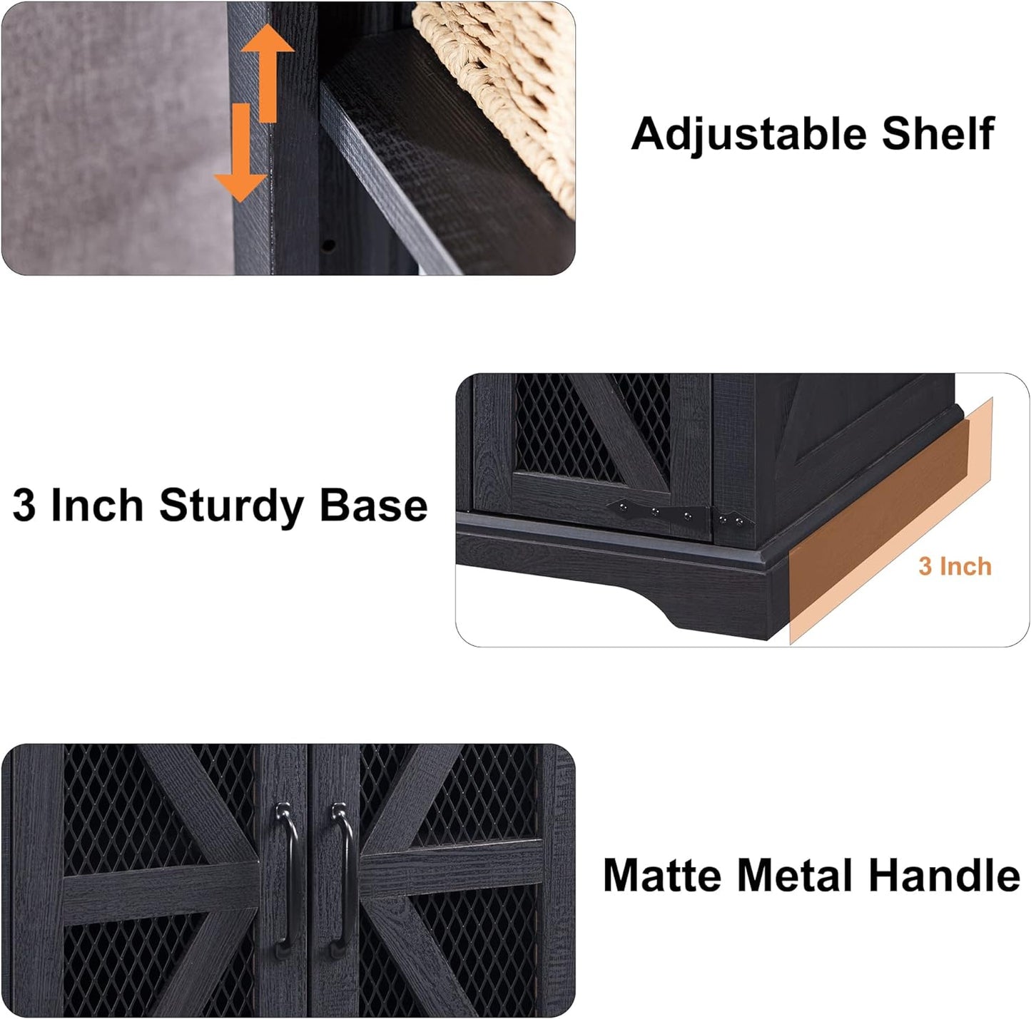 JXQTLINGMU Farmhouse End Table, 24" Large Sofa Side Table with Charging Station, Mesh Barn Door, and Adjustable Storage Shelf, Rustic Wood Square Nightstand for Living Room, Bedroom, Office, Black