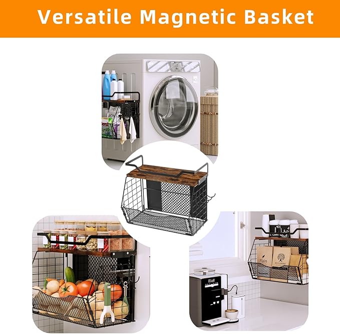 Magnetic Shelf for Fridge with Wood Lid, Magnetic Spice Rack for Refrigerator Large Capacity Sturdy with 4 Hooks,Magnetic Basket for Kitchen Pantry Laundry (1 Set with Buckles)