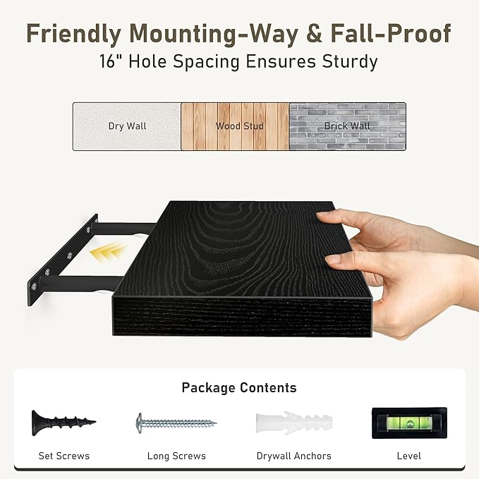 Black Floating Shelves Wall Shelf 40 Inch, 8 Inch Deep Floating Shelf for Wall, Farmhouse Black Wood Shelves Invisible Bracket for Living Room, Bedroom, Kitchen, 40 x 8 x 1.4 Inch, Set of 2