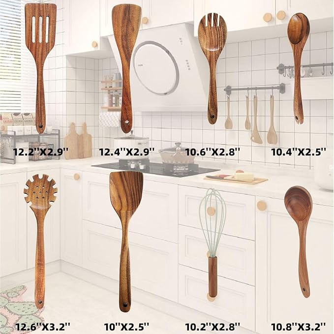 Wooden Kitchen Utensils Set, Teak Wood Cooking Spoons for Non-Stick Pans, 8 Pieces