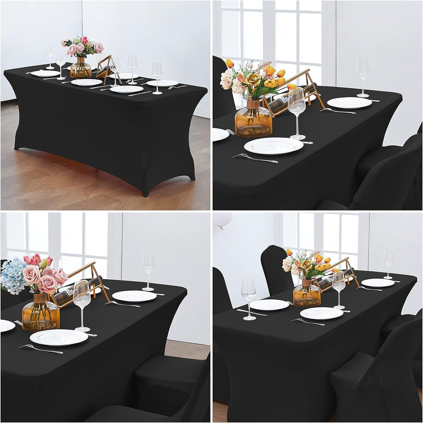 CWK 4FT Waterproof Stretch Spandex Table Cover for Rectangular Tables - Elastic Fitted Tablecloth for Folding Tables,Wrinkle Resistant Table Cloth for Parties, Weddings, Banquets & Events (Black)