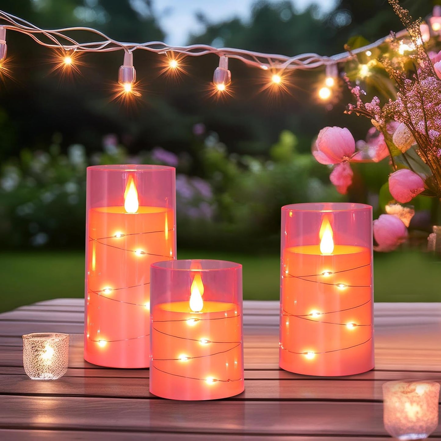 Aignis Flickering Flameless Candles Battery Operated Candles LED Candles with Remote Timer for Home/Wedding/Birthday/Holiday Decor, Cherry Blossom Pink 3D Flame Set of 3 (D3 xH4 5" 6")