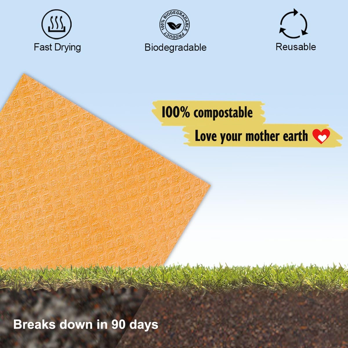 Swedish Dishcloths - 10 Pack Reusable Kitchen Dishcloths - Ultra Absorbent Dish Towels for Washing Dishes - Cellulose Sponge Cloth Cleaning Cloths - Orange