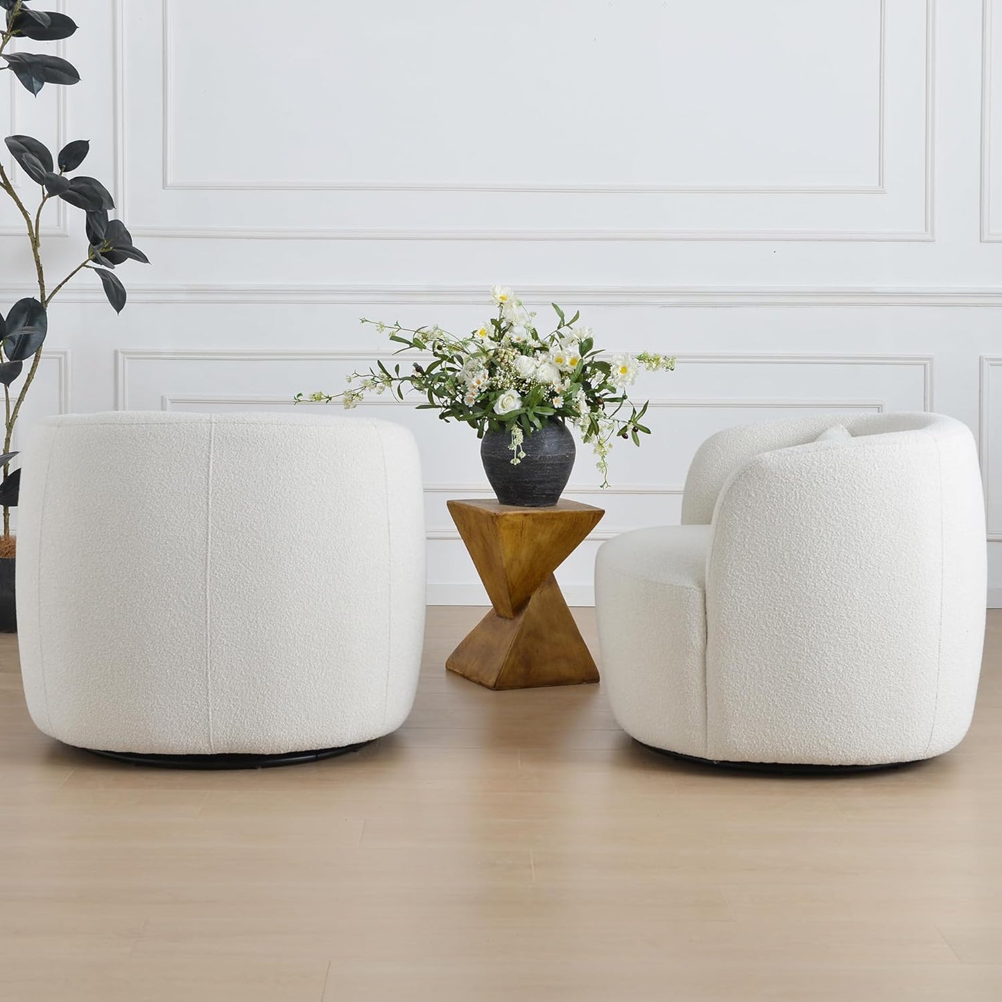 KINWELL 34" Wide Sherpa Swivel Barrel Chairs Set of 2, No Assembly Round Boucle Upholstered Accent Chairs Armchairs Single Sofa Chair with Toss Pillow for Living Room and Bedroom, Beige