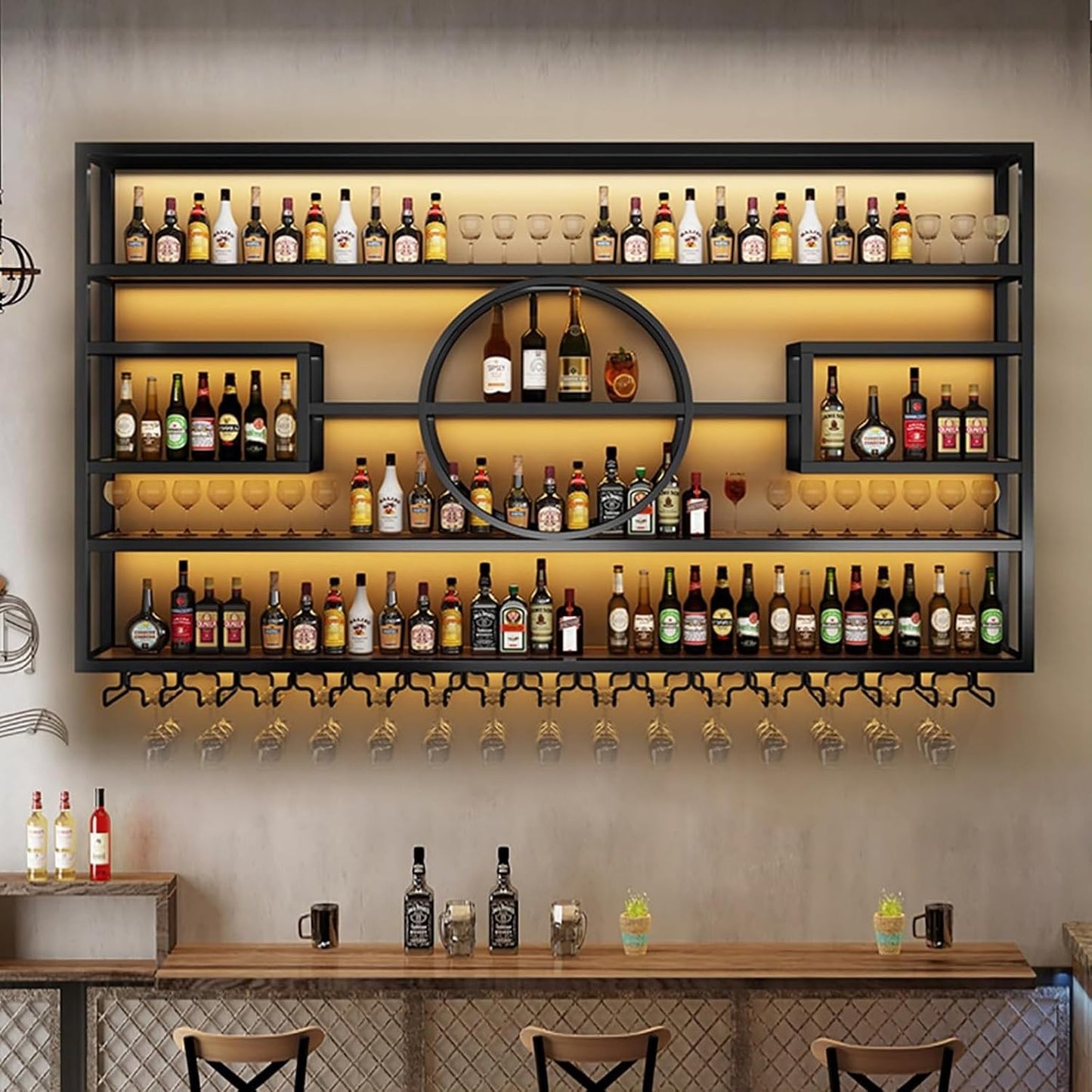 63in Wall Mounted Wine Rack, Modern Metal Wine Bottle and Glass Holder, Iron Display Stand Decorative Wine Rack, for Bar Living Room Dining Room Background (Black, 63 * 8 * 51INCHES)