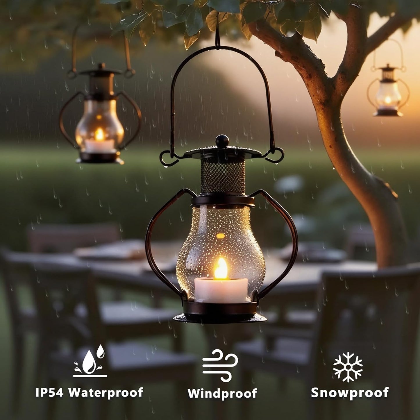 Solar Hanging Lanterns Outdoor Waterproof, Vintage Mini Metal Lantern with Flickering Solar Powered Tea Lights, Perfect Chargeable Solar Lights for Backyard Patio Garden Fence Tree Decoration-4Pack