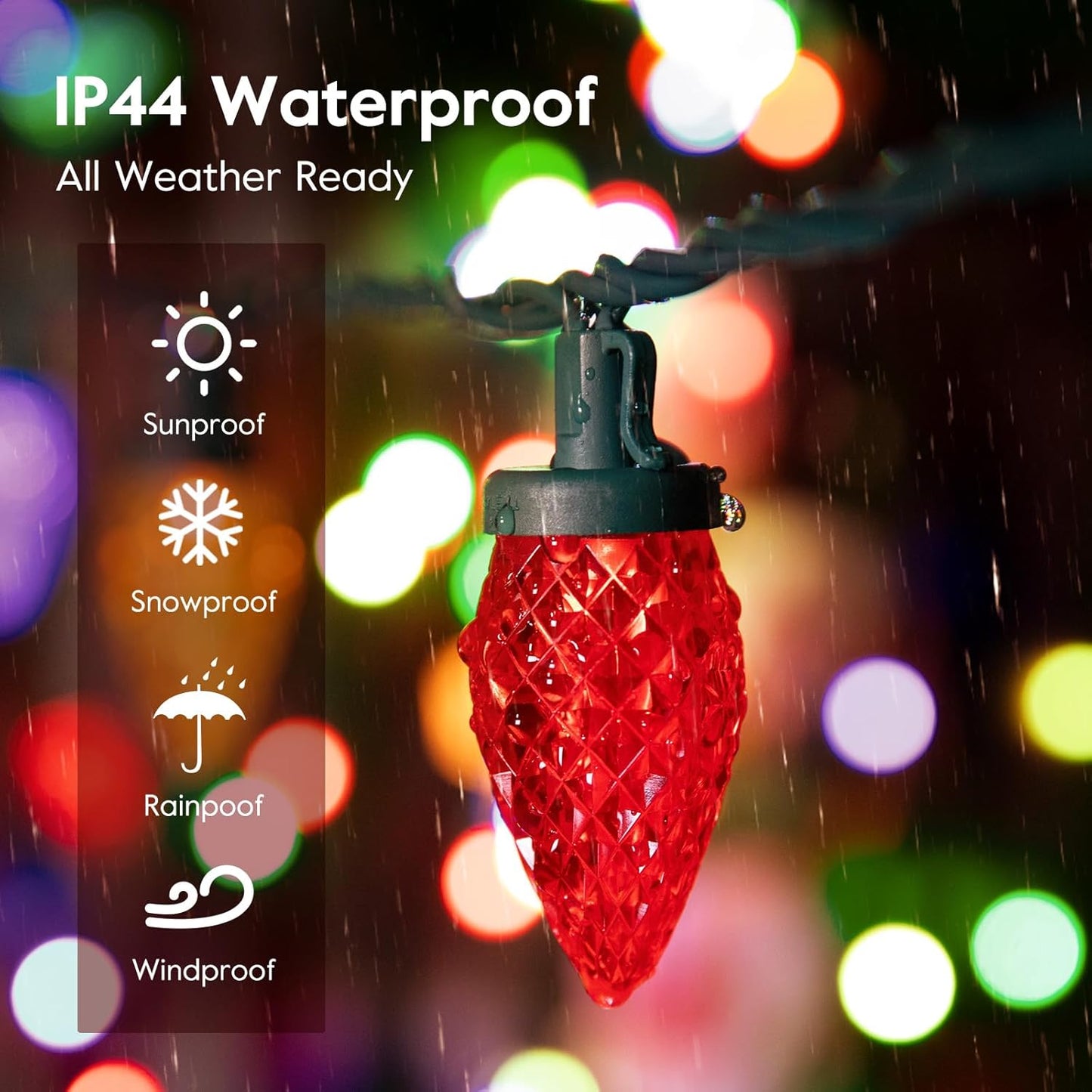 Brightown C9 LED Christmas String Lights, 33ft 50 LED Waterproof Strawberry String Lights, Extendable Green Wire Lights String for Outdoor Indoor Patio Party Decoration, Red