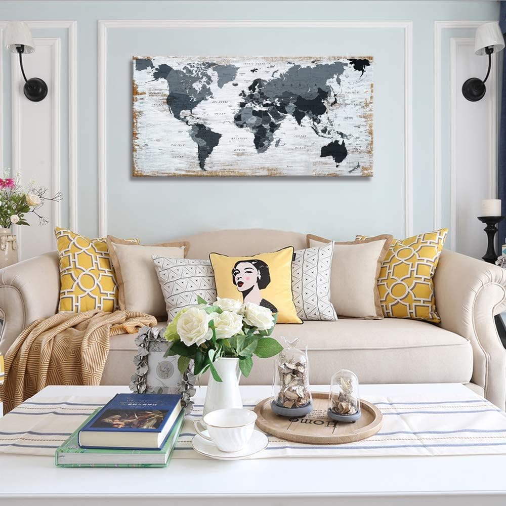 us Map of The United States Wall Decor Map Canvas Wall Art for Wall Decoration Wood Background USA Canvas Prints for Bedroom Office Kitchen Home Wall Decor Framed Artwork Ready to Hang (30x60inch, BLACK MAP)