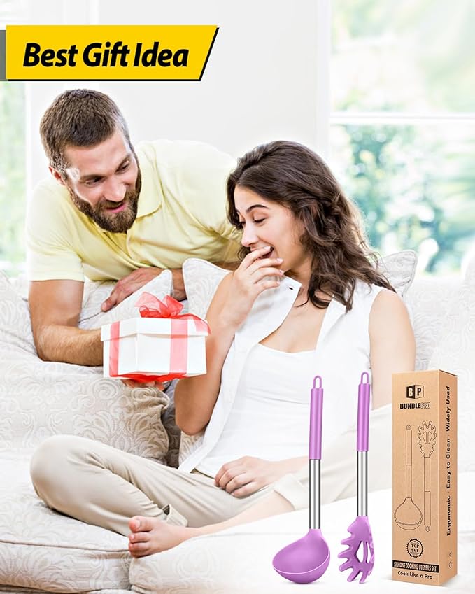 Silicone Pasta Fork and Ladle Spoon Set, Large Non Stick Kitchen Utensils for Cooking,Stirring,Serving Spaghetti, Soup, Sauce (PURPLE)