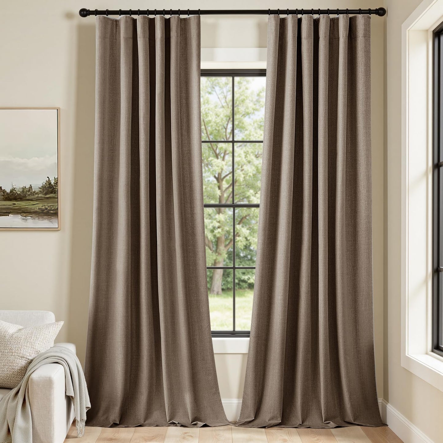 MIULEE 100% Blackout Curtains 84 Inch Long 2 Panels Set for Bedroom, Thick Faux Linen Black Out Curtain Room Darkening Back Tab Pleat Window Textured Drapes with Hooks for Living Room, Dutch Cocoa