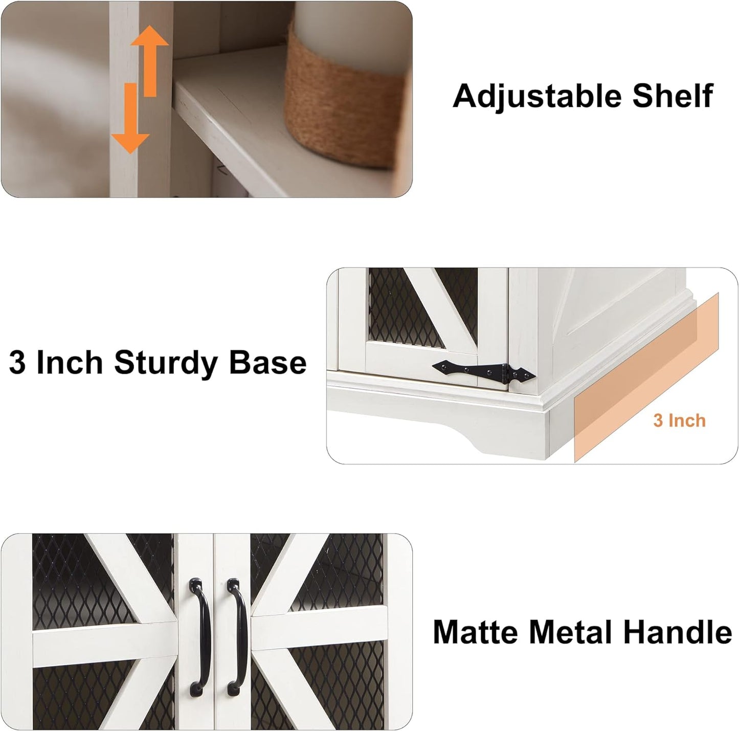 JXQTLINGMU Farmhouse End Table, 24" Large Sofa Side Table with Charging Station, Mesh Barn Door, and Adjustable Storage Shelf, Rustic Wood Square Nightstand for Living Room, Bedroom, Office, White