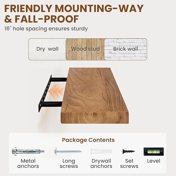 Wood Floating Shelves for Wall, 24" Floating Shelves Wall Mounted, Rustic Old Elm Wood Shelf for Home Decor, Heavy-Duty Storage Shelves for Books, Bathroom, Kitchen, Natural Color, Set of 2