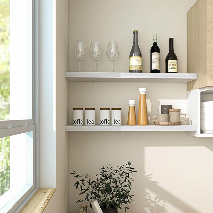 Floating Shelves 36 Inches Long - 8 Inch Deep Rustic Premium Solid Pine Wood for Storage - Farmhouse Wall Mounted for Living Room - Heavy-Duty Metal Bracket - 36" W x 8" D - Set of 2 - White Color