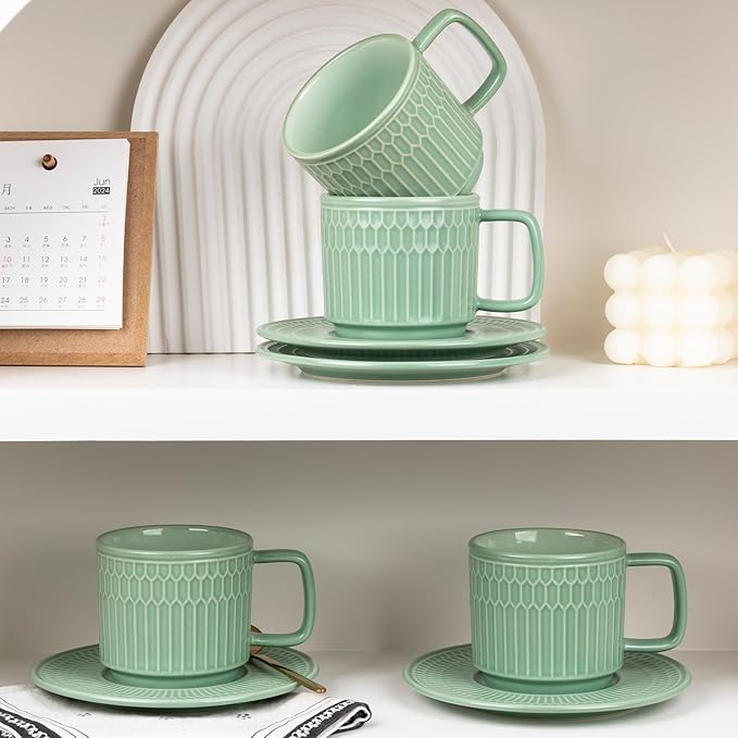 Large Cappuccino Cups with Saucers Set of 4, 8 Ounce Stackable Embossed Ceramic Coffee Mugs for Specialty Coffee Drinks, Latte, Cafe Mocha and Tea, Dishwasher & Microwave Safe (Green)