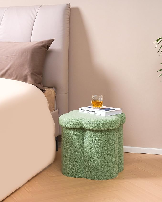 B FSOBEIIALEO Storage Ottoman Cube, Flowers Shaped Ottomans with Storage Foot Stool Footrest, Boucle Ottoman Seat for Dorm Room, Faux Teddy Fur, Green 15"x15"x15"