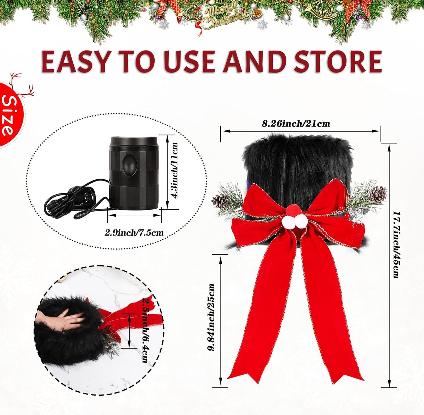 Christmas Tree Topper Hat with 3D LED Rotating Snowflake Projector, Black Plush Tree Toppers Red Bow Decorations for Christmas Tree Holiday Winter Party Home Indoor Decorations