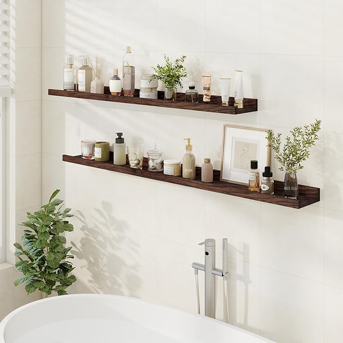 Floating Picture Ledge Shelves 55 Inch Solid Oak Wood Set of 2, Rustic Wall Storage Shelves with Lip, Kids Bookshelf, Photo & Picture Ledge Shelves for Bedroom, Living Room, Kitchen