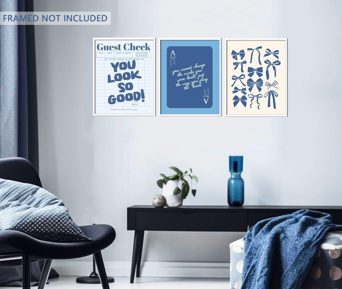 Blue Preppy Wall Art Set of 3 Trendy Navy Bow Posters Retro Guest Check Canvas Prints Poker Painting Minimalist Positive Quote Picture Decor Aesthetic for Living Room Dorm Apartment 16x24in Unframed