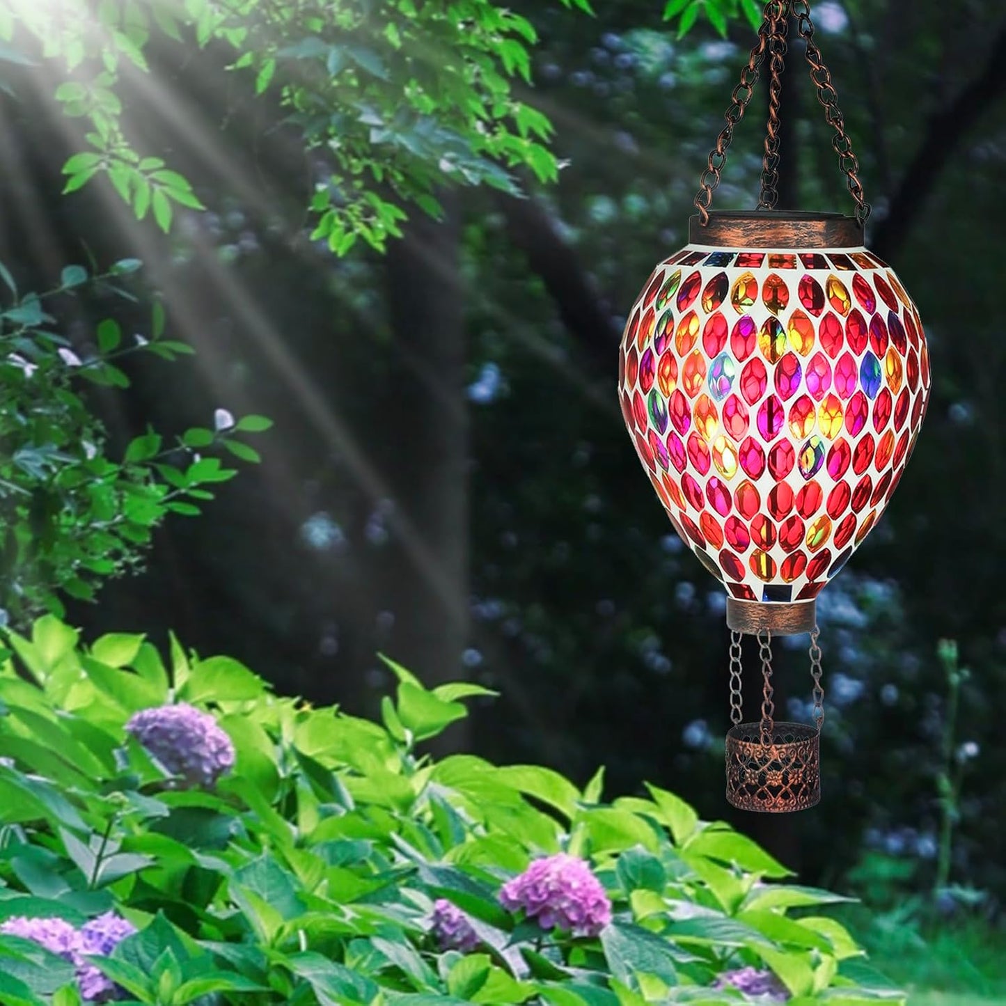 VOREEN Hot Air Balloon Solar Lantern, Mosaic Solar Outdoor Hanging Wind Light, Waterproof, Patio Festive Decor, Gift for Mom Wife Friend, Red