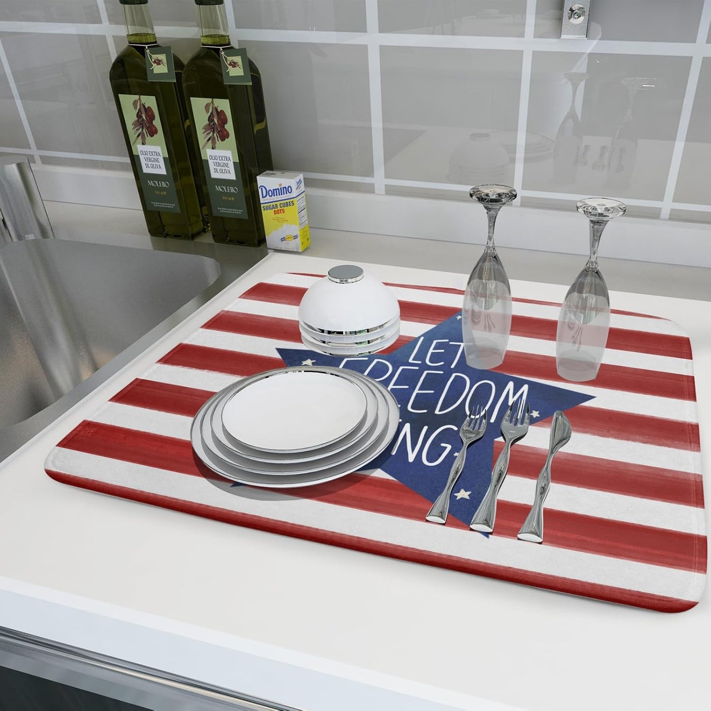 4th of July Dish Drying Mat for Kitchen Counter Patriotic Absorbent Reversible Microfiber Kitchen Countertop Protector Dishes Pad Large 18x24 inch