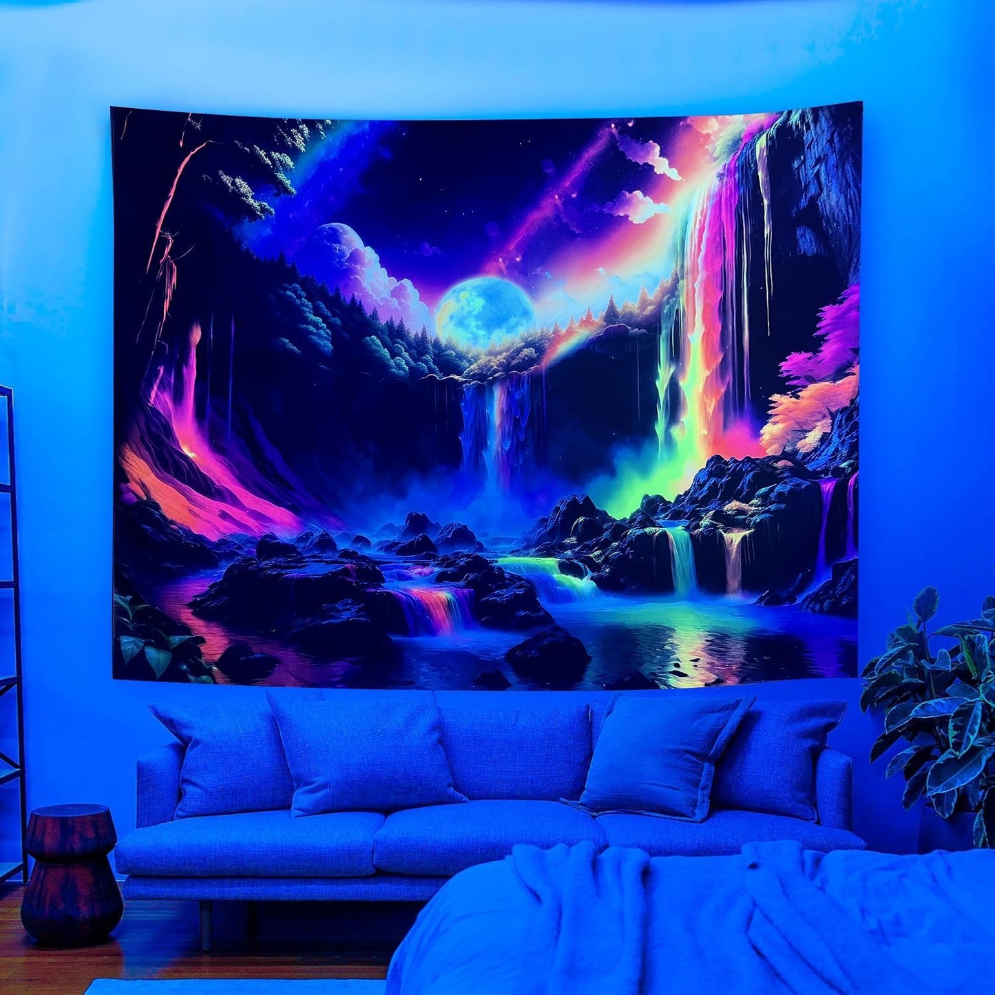 OSVINO Blacklight Rainbow Waterfall Tapestry 90"x70" UV Reactive Trippy Wall Hanging Rainbow Aesthetic Waterfall Wall Posters Bedroom Spiritual Room Decor