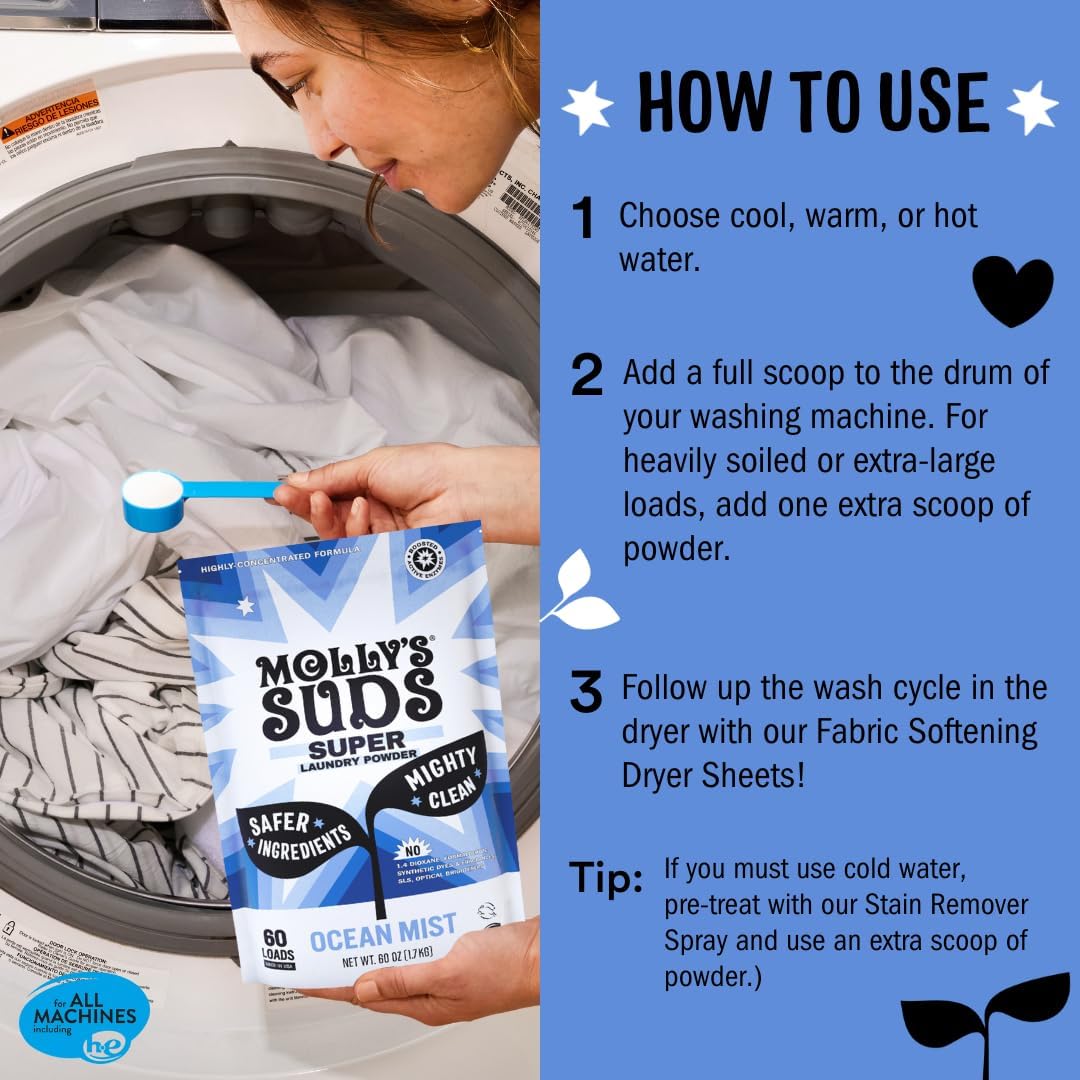 Molly's Suds Super Powder Detergent | Extra Strength Laundry Soap, Stain Fighting | Sensitive Skin | Simple, Effective Ingredients | 60 Loads - Ocean Mist