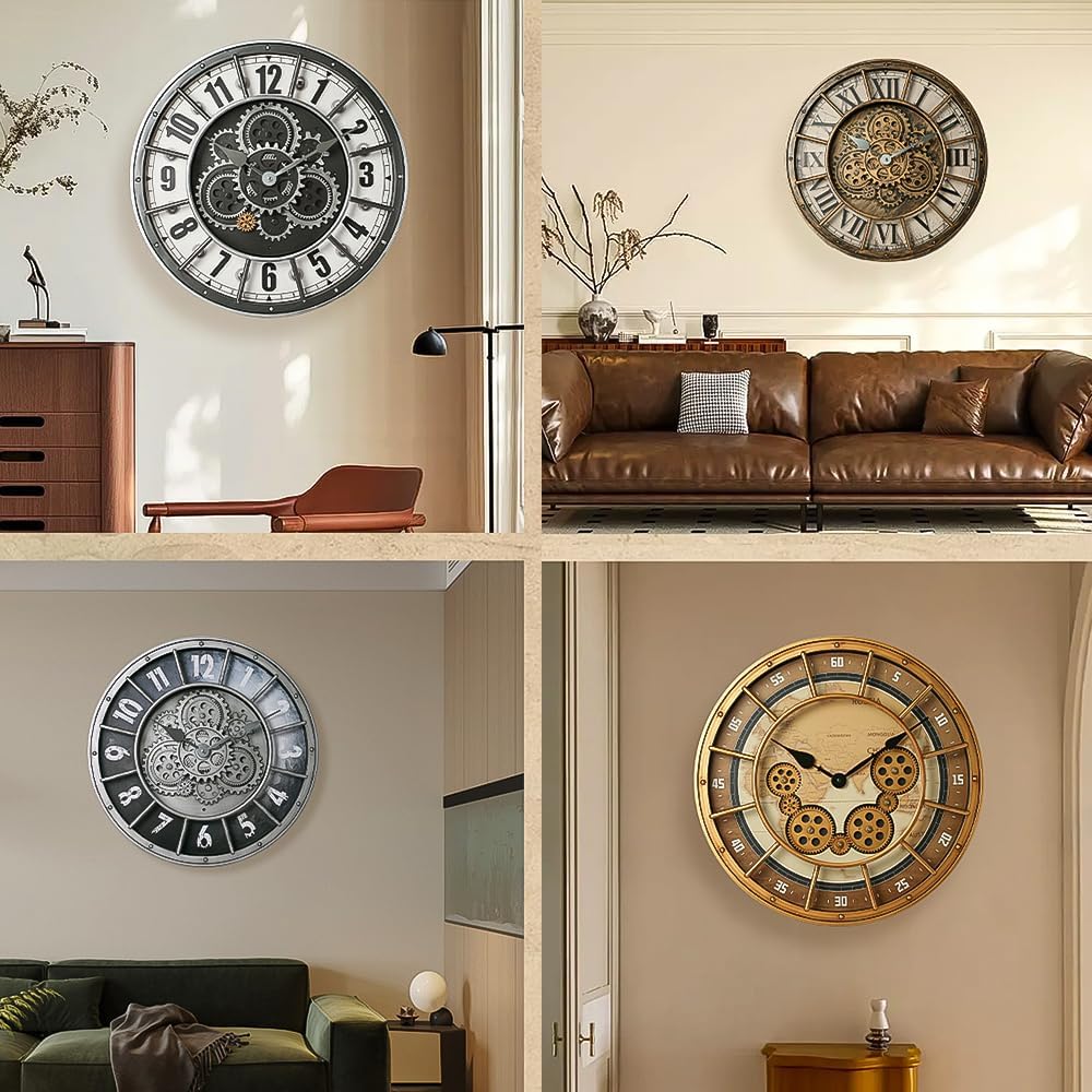 18 Inch Wall Clock with Moving Gears, Oversized Large Industrial Steampunk Decoration, Antique Metal Big Numeral Wall Clocks for Kitchen Study Room Living Room Decor (Industrial Metal Silver-White)