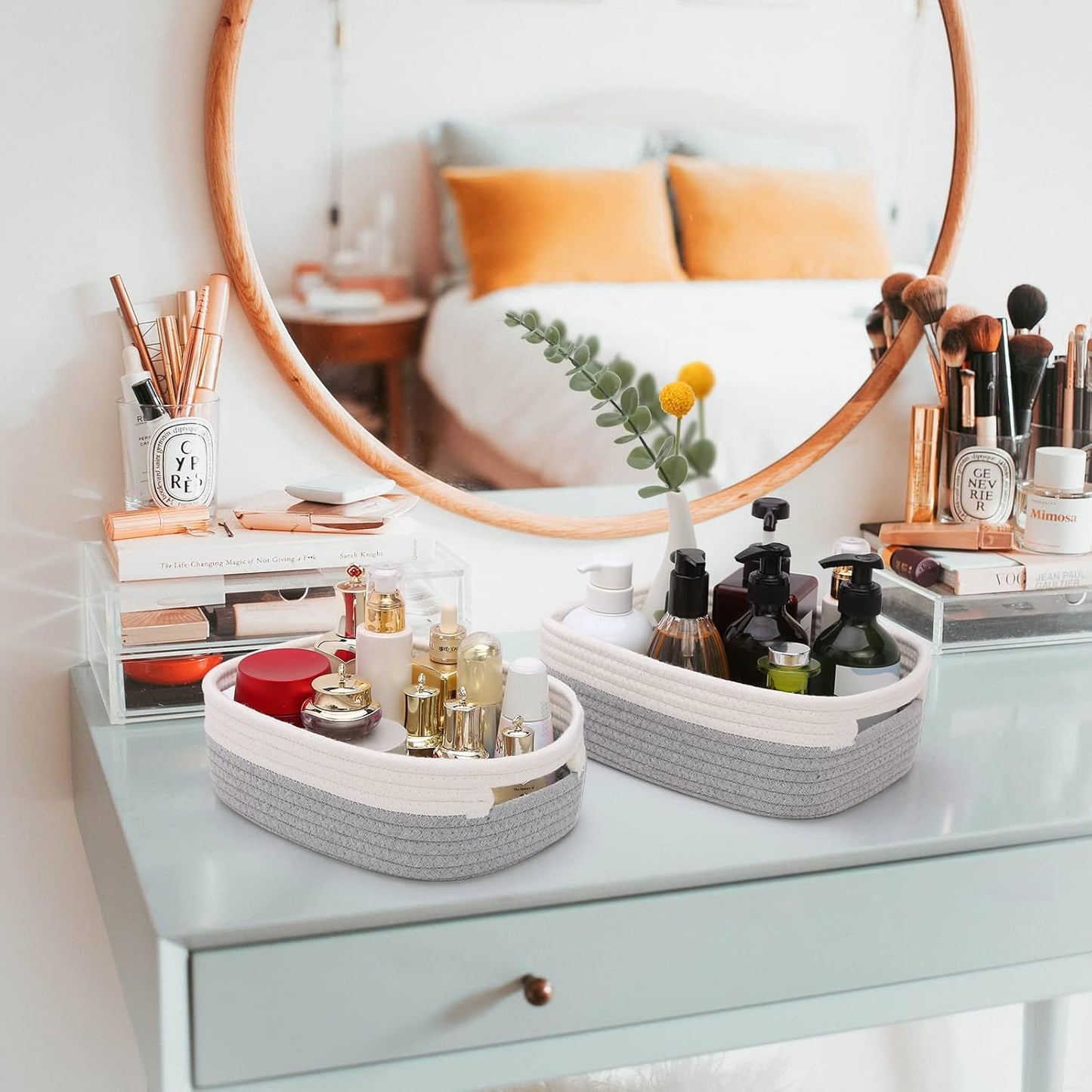 7 Piece Cotton Rope Woven Basket Set - Small Basket for Baby Nursery, Pets, Montessori, Dog & Cat Toy Boxes, Bathroom Organization Bins (White/Gray)