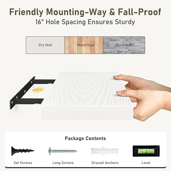 Fun Memories White Floating Shelves 36 Inch Long, Rustic Farmhouse Bathroom Shelves Over Toliet, 36 x 8 Inch Floating Shelves for Wall, Deep Wall Shelf for Living Room, Kitchen, Bedroom, Set of 2