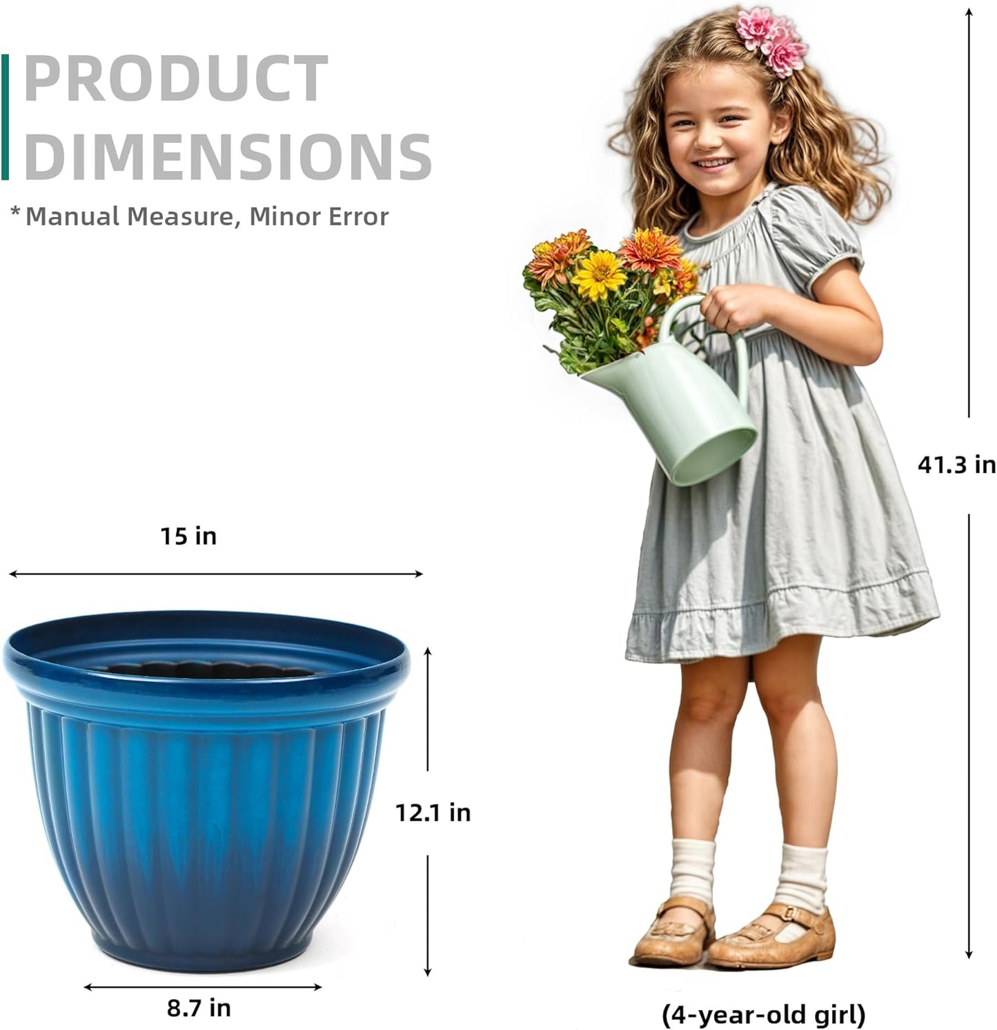 15" H Large Flower Pots, Set of 2 Plastic Planters for Outdoor Plants with Gradient Blue Finish and 3D Textures, Weather-Resistant for Porch, Garden, Patio or Indoor Use