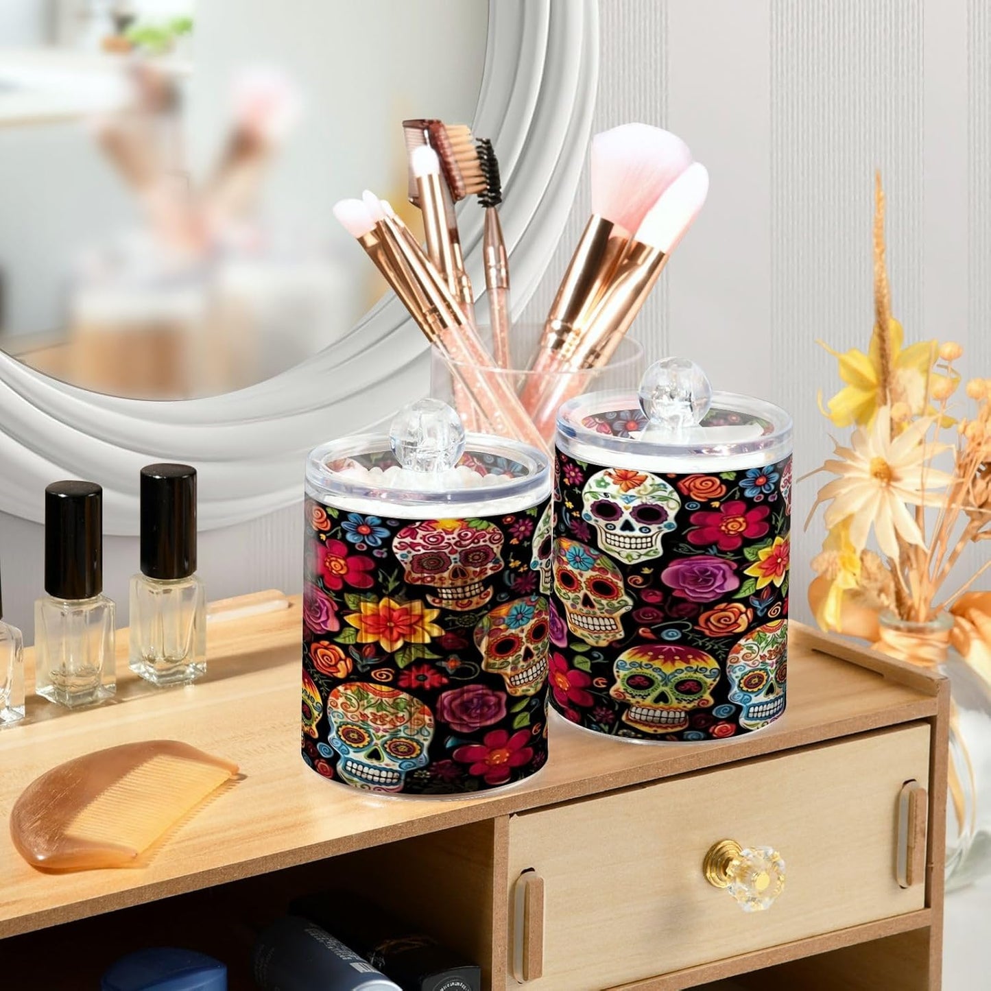 Colorful Skulls 2PC Airtight Transparent Plastic Storage Jar Food Storage Container Plastic for Food Herbs Tea etc with Storage Lid easy to use and clean With lid Easy To Use