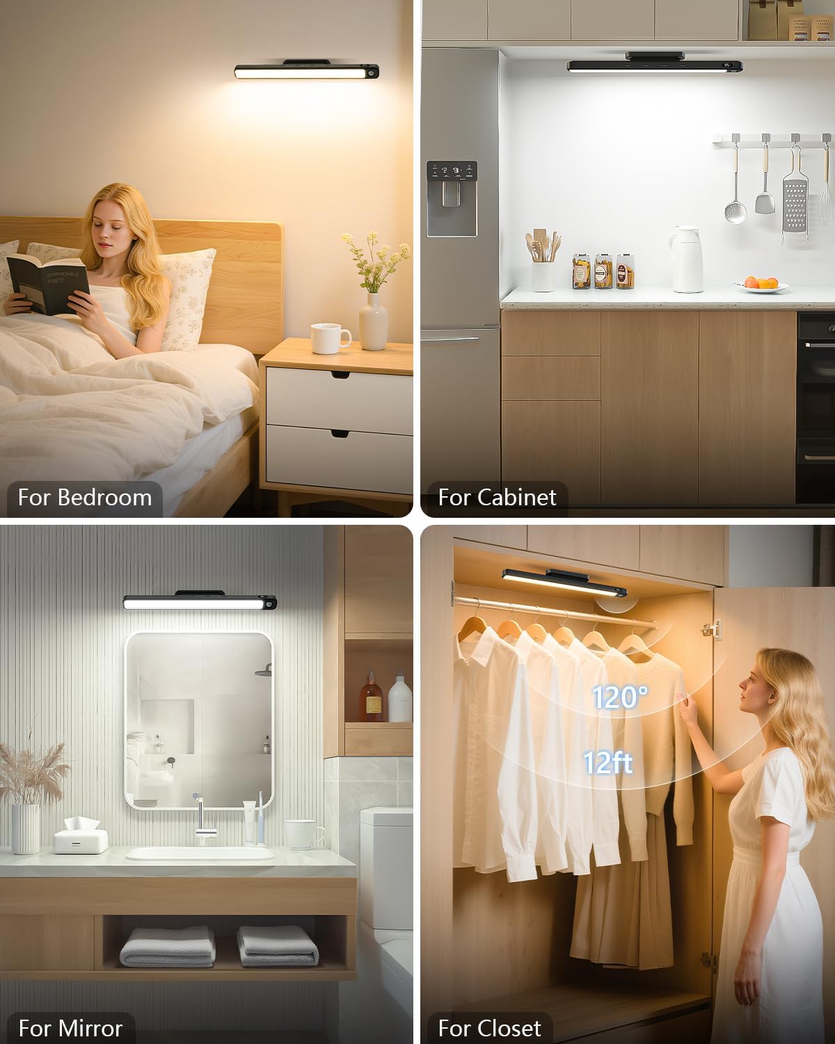 Ferswe 5W Motion Sensor LED Light Bar with Remote, 2500mAh Under Cabinet Lights with Battery Display,Eye-Friendly Mirror Lights Stick on, Rechargeable Light Bar for Cabinet, Closet, Bathroom and Desk