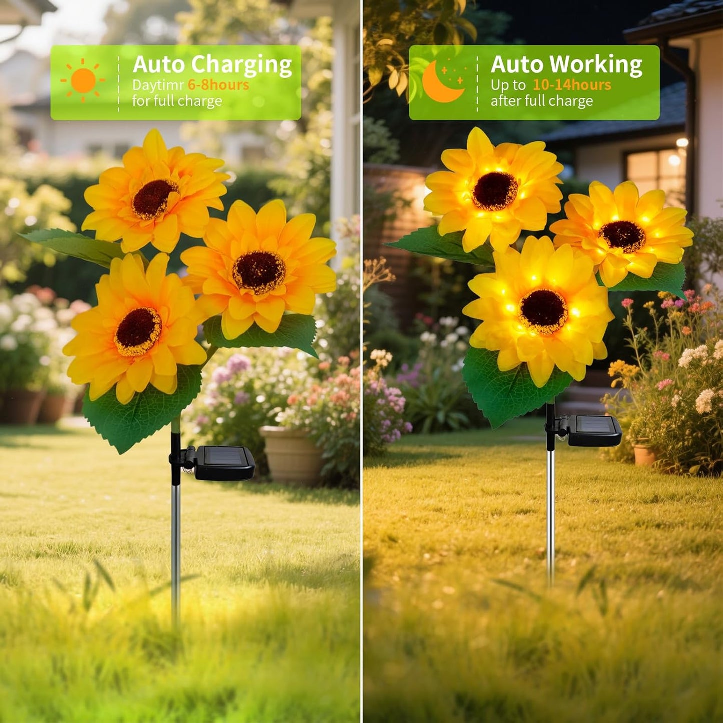 Outdoor Solar Garden Stake Lights,Upgraded LED Solar Powered Light with 3 Sunflower, Waterproof Solar Decorative Lights for Garden, Patio, Backyard (2 Pack 6 Flower)