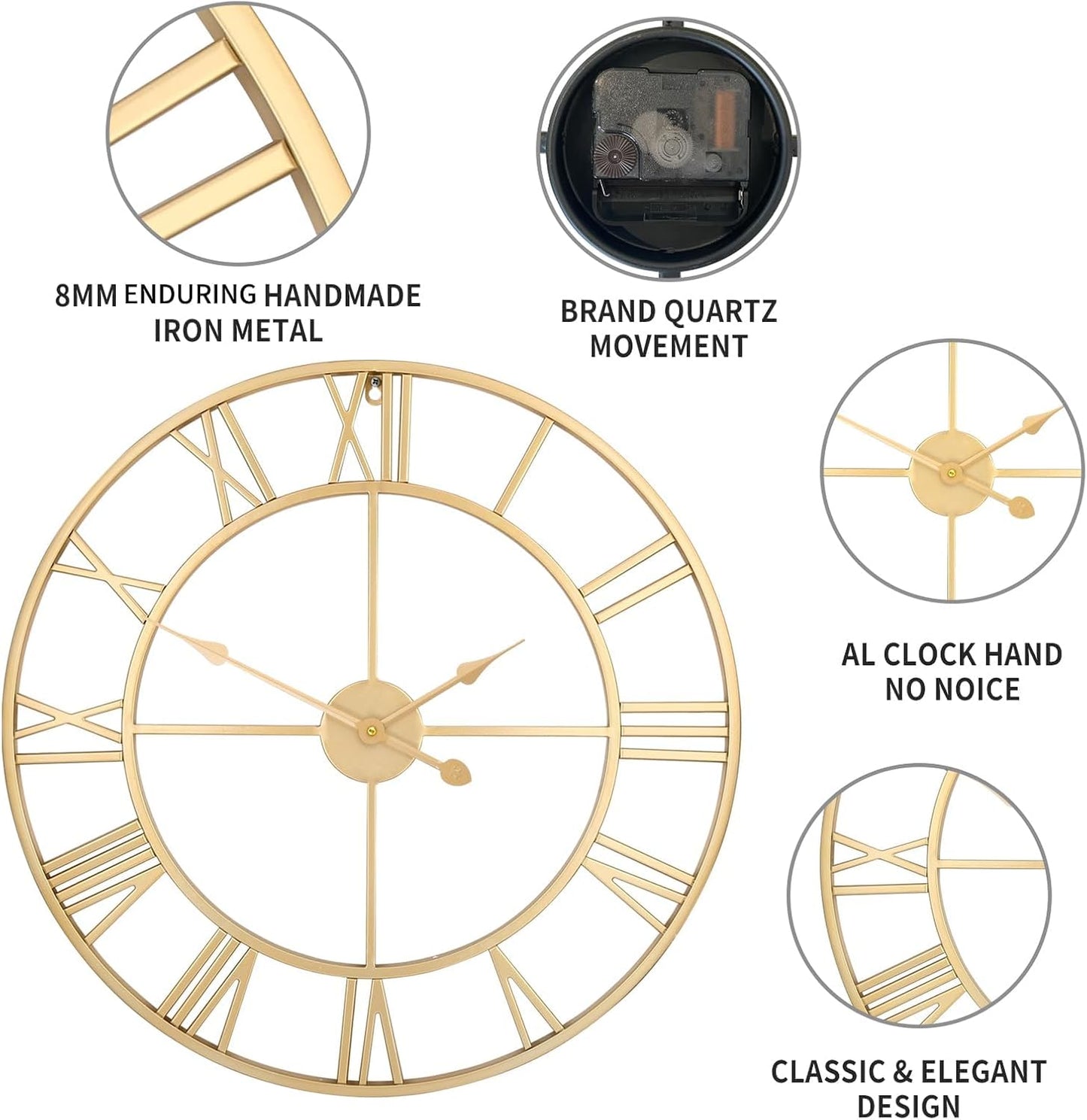 1st owned Large Wall Clock Silent Non-Ticking Roman Numerals Vintage Battery Operated (24 inch,18inch,16inch) Farmhouse Wall Clock for Living Room, Bedroom, Kitchen, Cafe Decor-Gold 47CM
