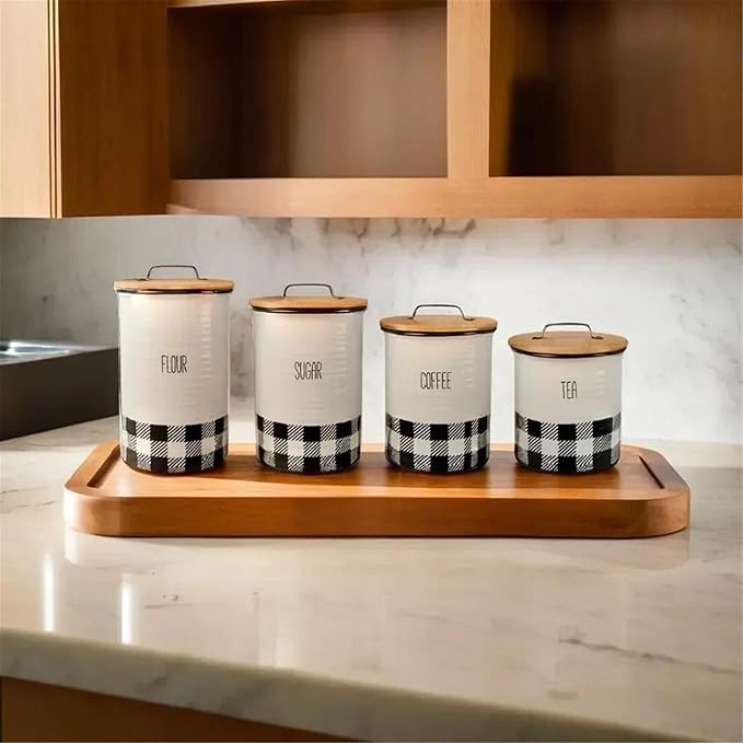 Young's Inc. 4 Pcs Set Plaid with Bamboo Lids Ceramic Canisters- Storage Container for Kitchen and Bathroom - Beautiful Home Decor Accent to Store Food, Coffee, Tea, and More - Black, White