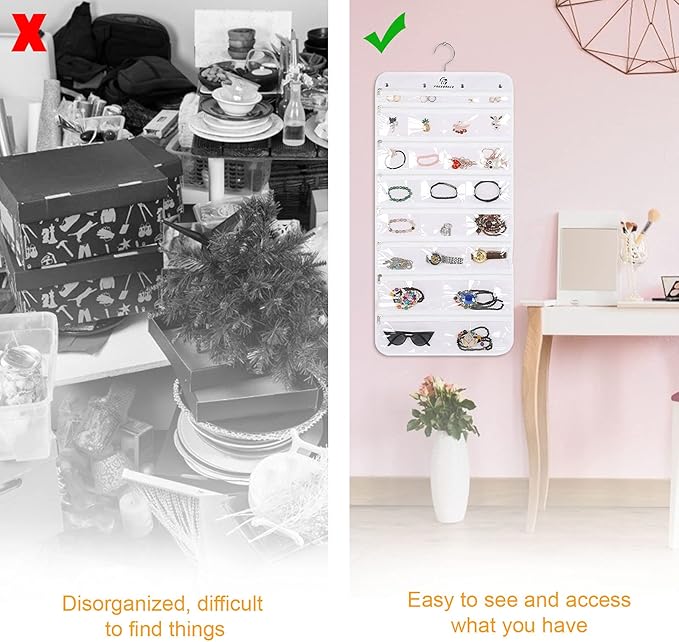 Freegrace Hanging Jewelry Organizer Revolving Hanger - Secure Zipper Closure - 25 Pockets,23 Hooks - Foldable Storage & Display Solution - For All Jewelry & Bijoux (White)