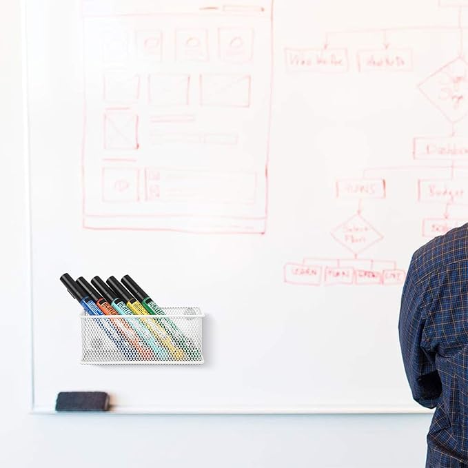 EASEPRES Magnetic Pencil Holder Set of 6 - Wire Mesh Storage Baskets Organizer with Strong Magnets - Perfect for Whiteboard, Refrigerator and Locker Accessories, White