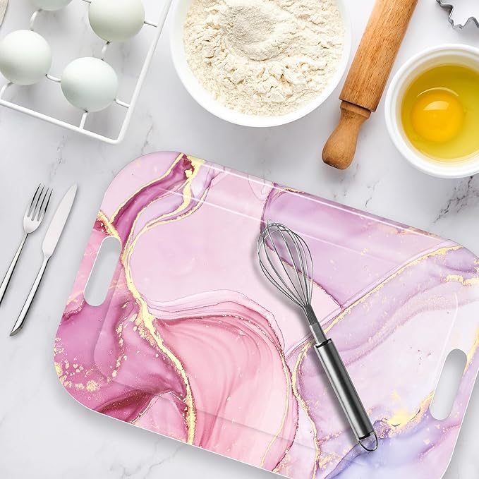 Serving Trays with Handles, 14.5 x 9.8 inch Rectangular Plastic Tray for Restaurant, Kitchen, Painting of Pink and Gold Marble