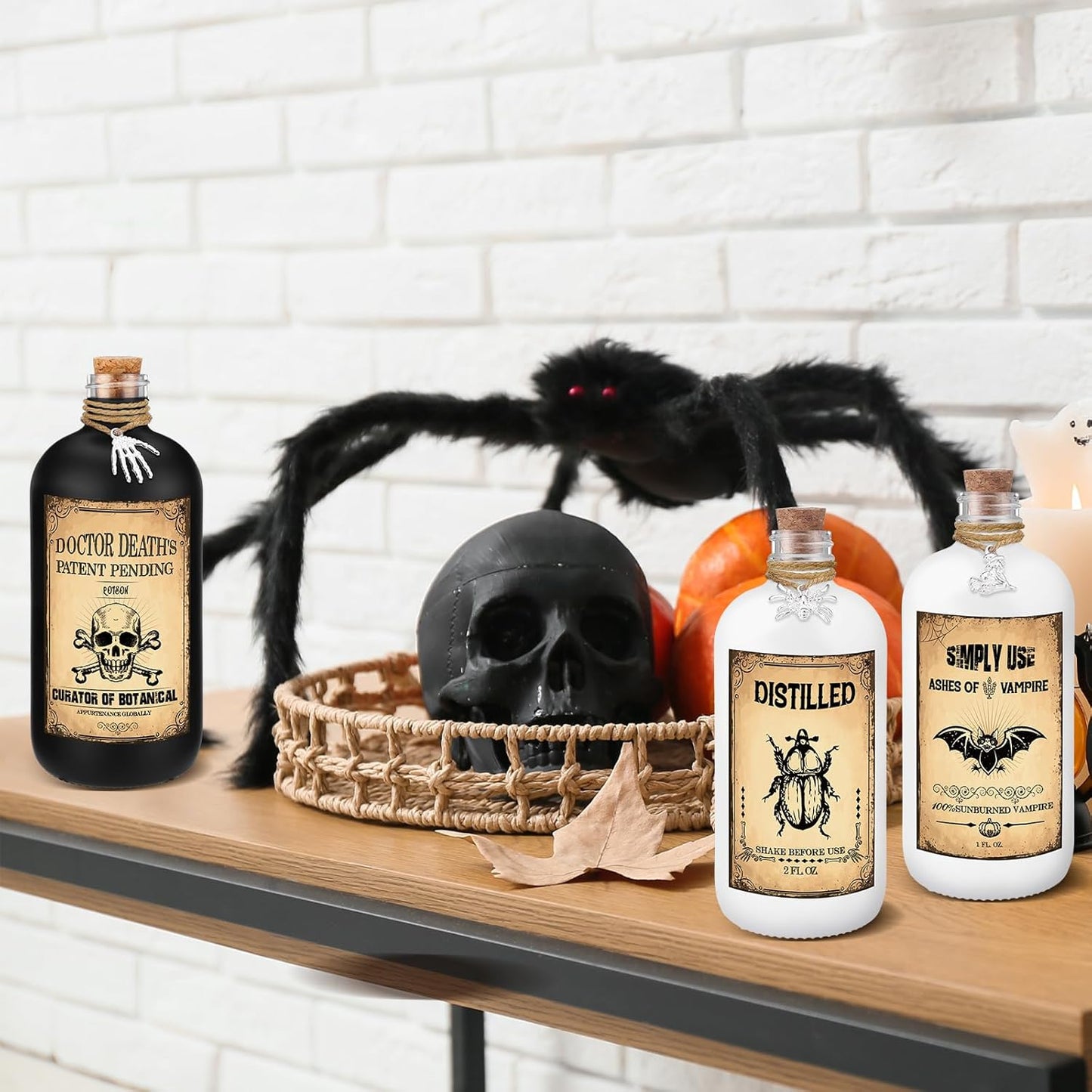 Uiifan 31 Pcs Halloween Potion Bottles Set Including Glass Apothecary Bottles with Cork Stickers and Pendants Halloween Decorations Indoor Party Supplies(White, Black,8.5 oz)