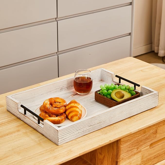 Ottoman Tray Large Serving Trays Farmhouse Decor Wooden Coffee Table Platter with Handles White Tray for Bed Kitchen Living Room 19 * 14Inch