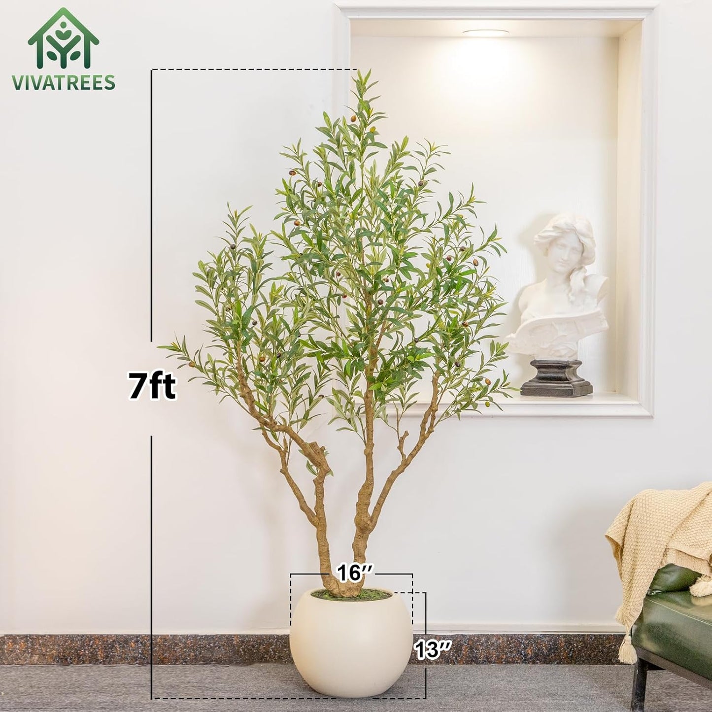 Olive Tree Artificial Indoor, 7FT Tall Faux Olive Tree with 16in Round White Planter, Artificial Plants with Natural Wood Trunk and Lifelike Fruits for Home Office Decor