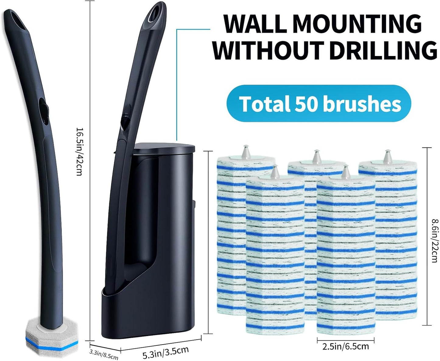 Disposable Toilet Brush with 50 Wand Cleaner Refills Pads,Wall Mounted Toilet Bowl Holder Set,Toilet Cleaning System Starter Kit,Bathroom Cleaning System for Sink Bathtub Wash Basin