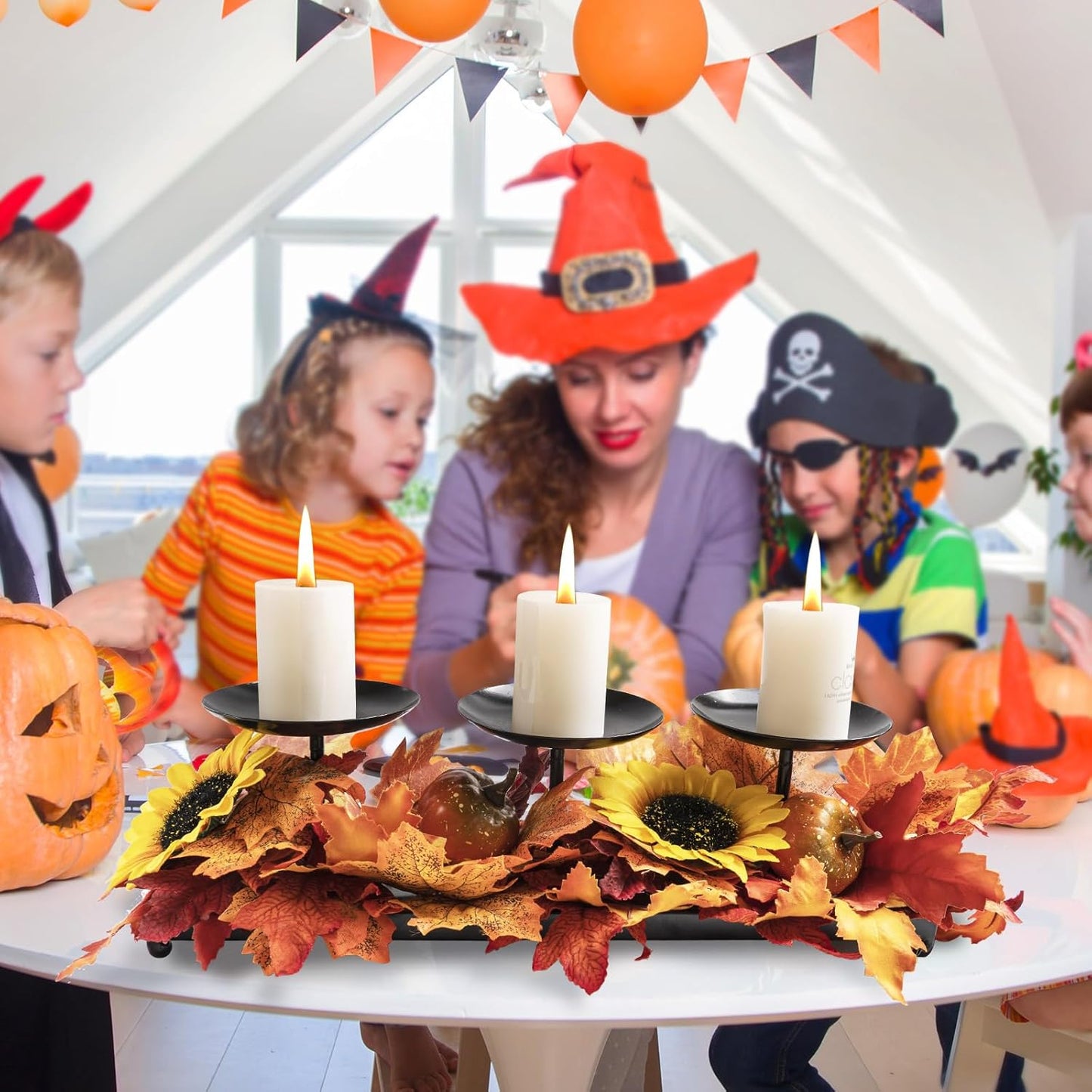 3 Pillar Black Metal Candle Holders for Table Centerpiece, Fall Thanksgiving & Halloween Dining Table, Fireplace Mantel Decor, Tray Candlestick for Living Room Rustic Decorations