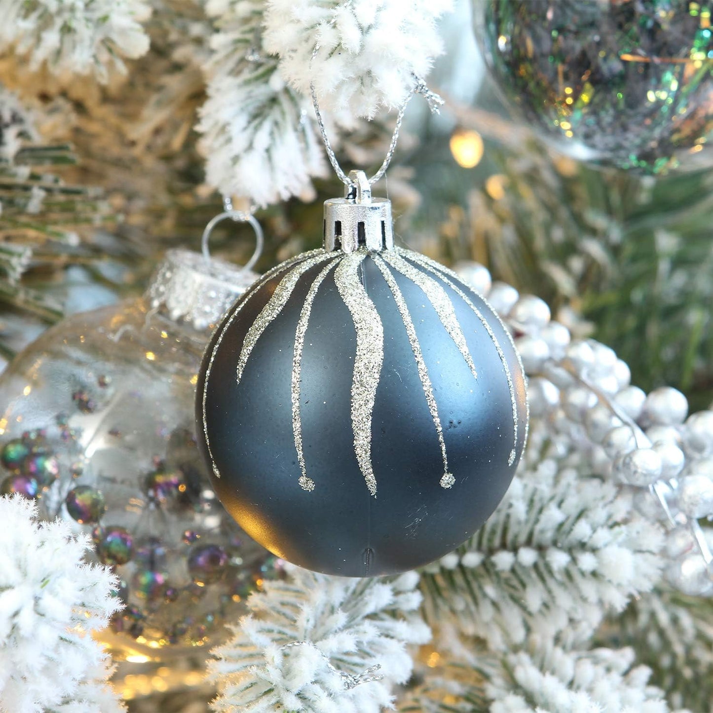 Sea Team 60mm/2.36" Delicate Contrast Color Theme Painting & Glittering Christmas Tree Pendants Decorative Hanging Christmas Baubles Balls Ornaments Set - (Stone Blue & Silver Grey), Pack of 30