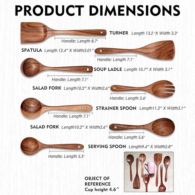 Wooden Non-Stick Kitchen Pan Toolset 7 Pieces Set,100% Natural Teak Kitchen Utensils Spatula, Wooden Cooking Utensils Spoons, Fried Spatula and Salad Fork