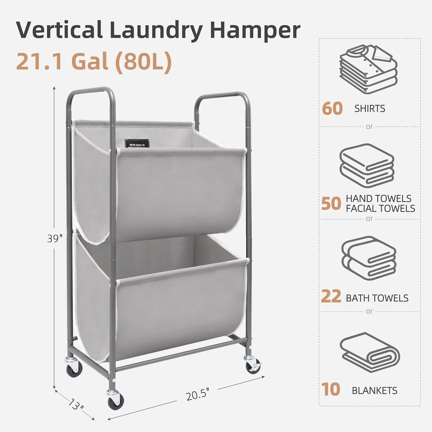 STORAGE MANIAC 80 Liters Vertical Rolling Laundry Hamper, 2 Section Laundry Sorter with Wheels and 2 Breaks, 2-tier Laundry Baskets for Small Space, Dorm, Laundry Room, Closet, Bathroom, Gray 2-tier
