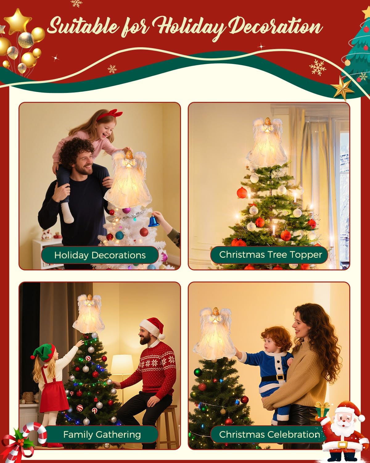 Christmas Tree Topper Angel with Lights, Xmas Tree Toppers Decorations Ornament with White Feather Wings, Plug in Christmas Tree Angel Treetop for Indoor Office Holiday